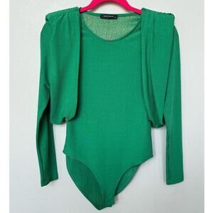 Nocturne Long Sleeve Green Bodysuit Metallic Slinky Ribbed Women's Sz Small